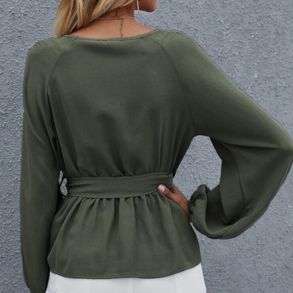Boho Olive Minimalist Peplum Blouse - Picture 2 of 4